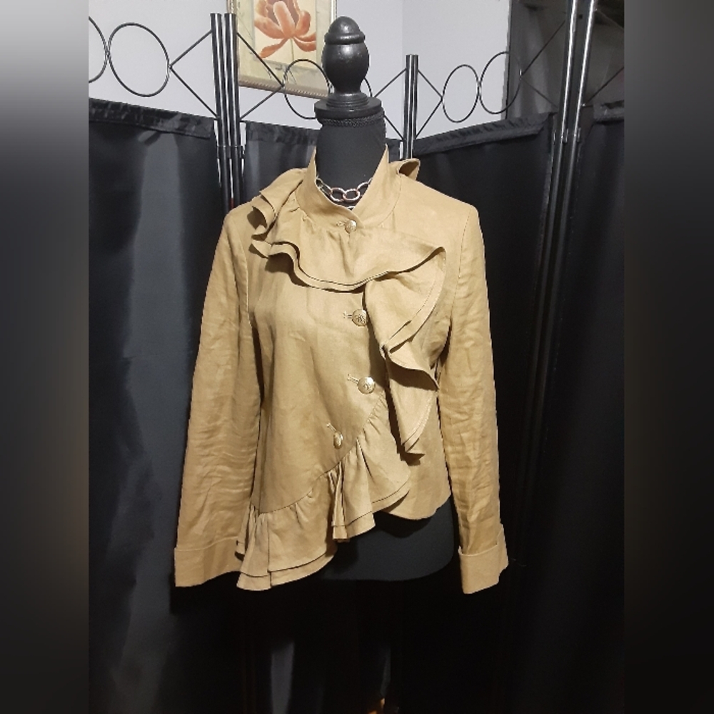 Ruffian Wonen's Camel Linen Jacket Blazer Ruffled Neckline Asymetric Button Up 8